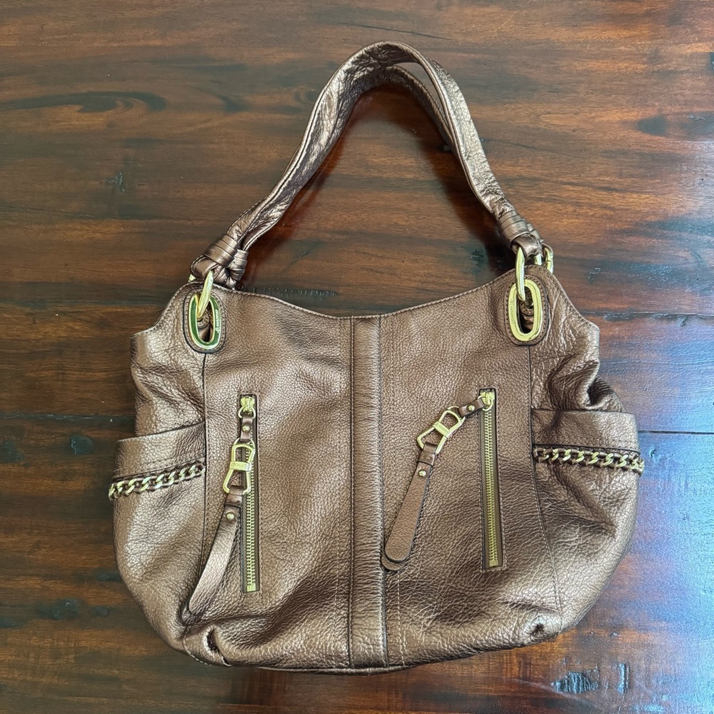 B Makowsky Copper Gold Pebbled Leather Slouchy Hobo Bag